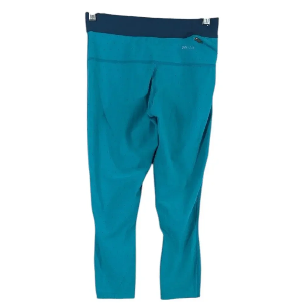 Nike Leggings Womens Small Aqua Drawstring Zip Pocket Yoga Capri Triangle Dots